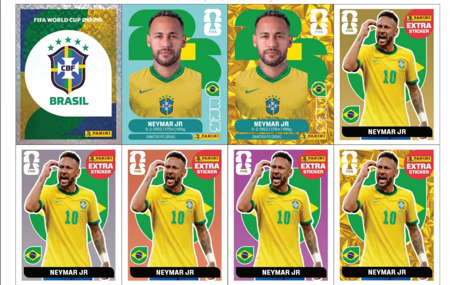 Todas as variantes Extra Sticker do Neymar Jr na Copa 2026: base, dourada, prata, rosa, vermelha e verde
