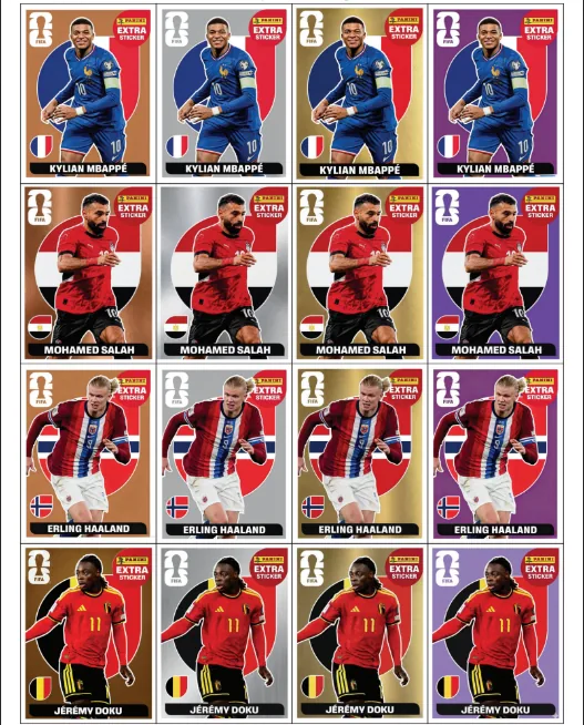 Variantes Extra Sticker: Mbappé · Salah · Haaland · Doku