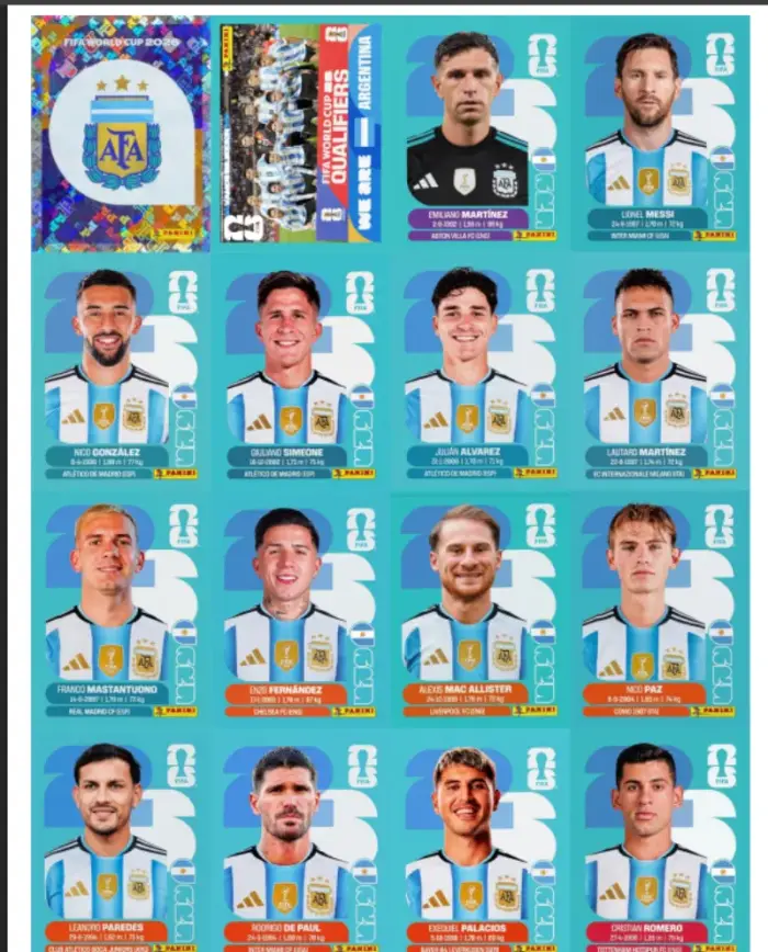 Cartela com figurinhas da Seleção Argentina
