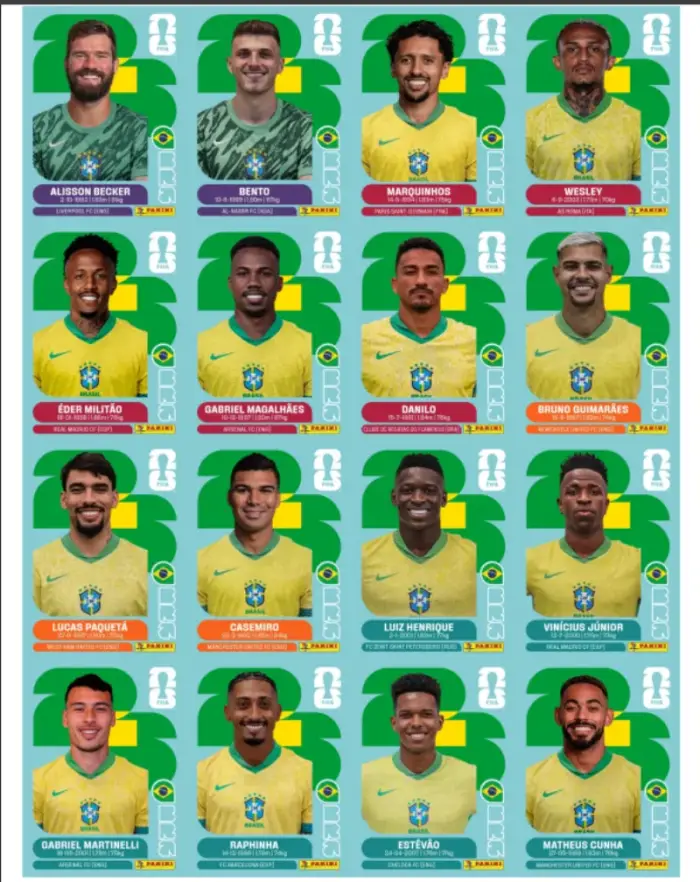 Cartela com figurinhas da Seleção Brasil